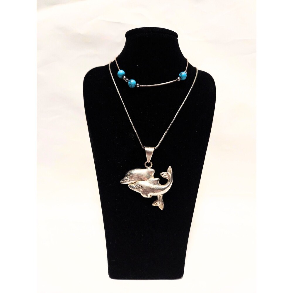 Dolphin Pendant Necklace & Turquoise Color Bead Bracelet Jewelry Set